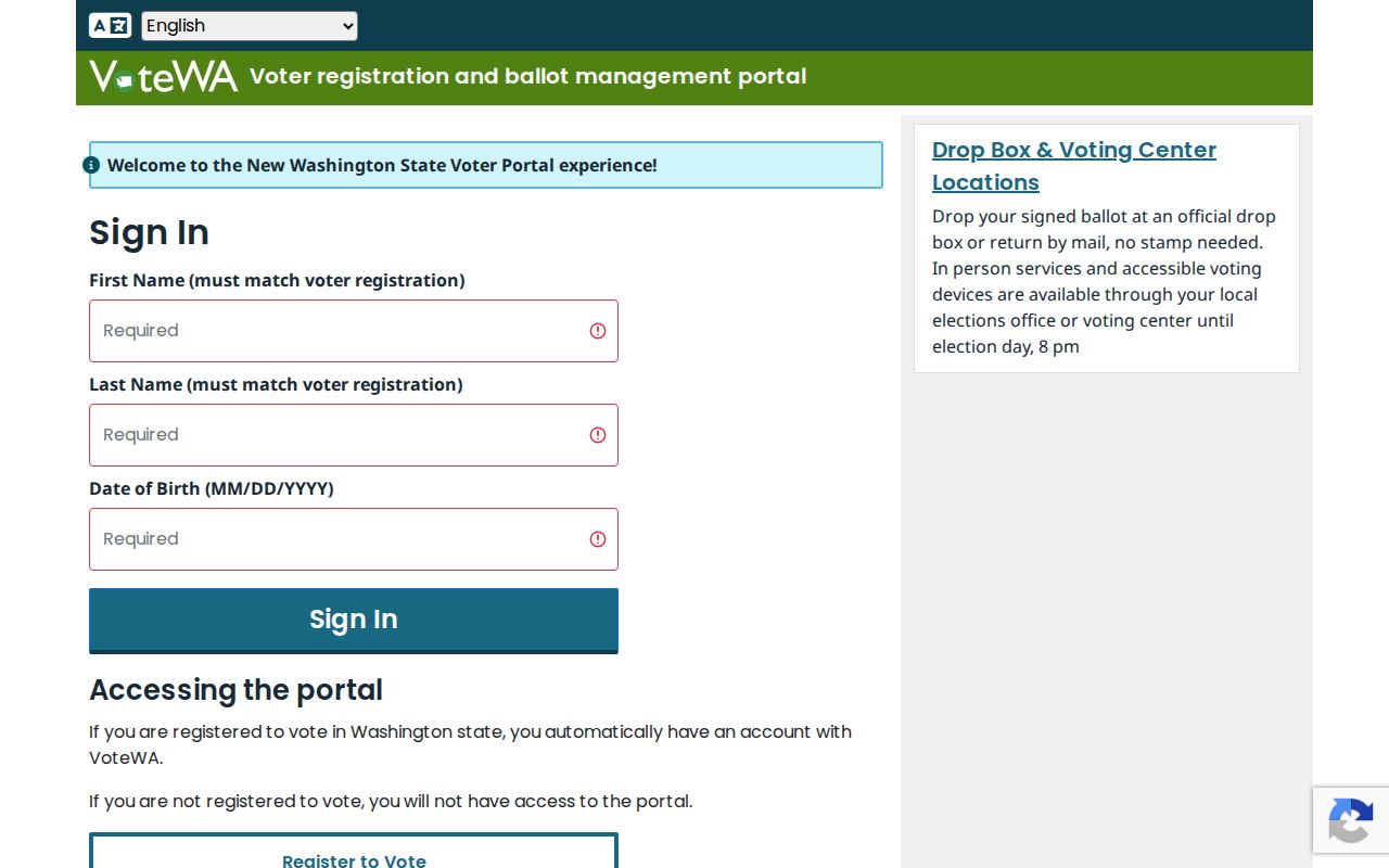 Bothell voter registration records VoteWA sign-in fields